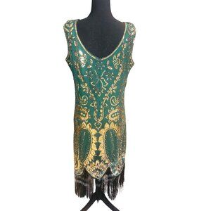 Green Gold Sequined Flapper Style Dress Fringe Hem Holiday Party XL By Fundaizy